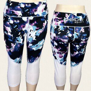 Bebe XL White Multicolor Paint Splash Print 4 Way Stretch Mesh Legs Capri Pants